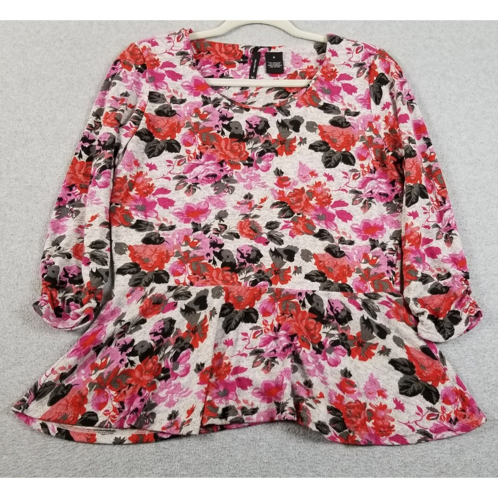 New Directions Peplum Top Womens M Medium Floral 3/4 Ruched Sleeve Stretch Knit